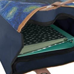 Boodschappentas ‘Starry Night ’ – Stevige Nylon Shopper met Leren Hengsels – Van Gogh Print – 39x43 cm