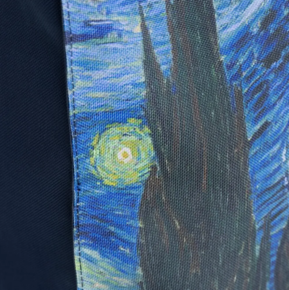 Boodschappentas ‘Starry Night ’ – Stevige Nylon Shopper met Leren Hengsels – Van Gogh Print – 39x43 cm
