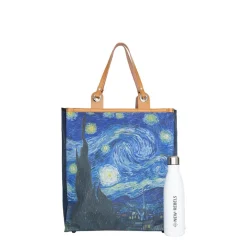 Boodschappentas ‘Starry Night ’ – Stevige Nylon Shopper met Leren Hengsels – Van Gogh Print – 39x43 cm