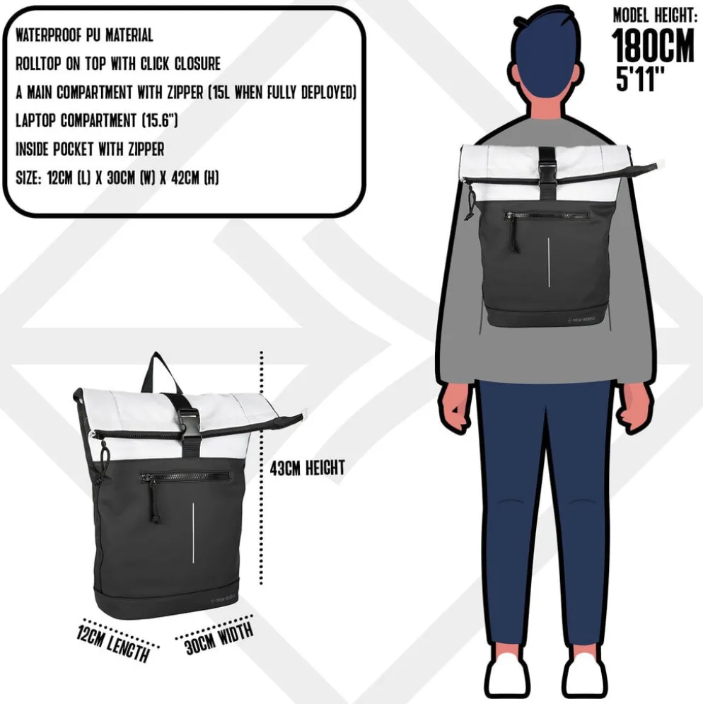 New Rebels Backham New York Zwart Reflectie 21L Rolltop Rugzak Waterafstotend Laptop 15.6"