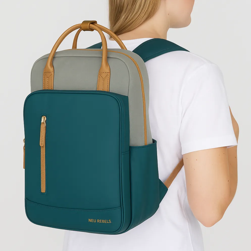 New Rebels Ferron Miami Rugzak 9L Waterafstotende Laptop Rugtas 13 inch Schooltas en Werktas van PU Nylon Comfortabel Petrol