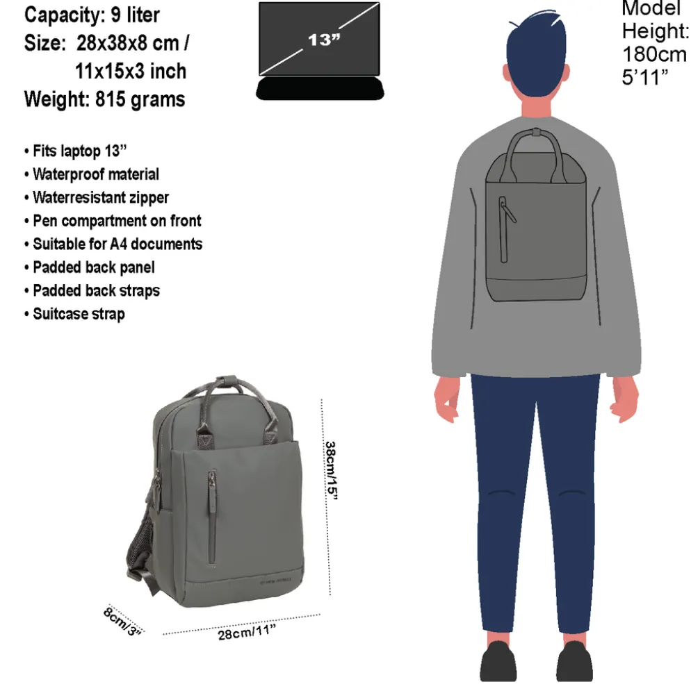 New Rebels Harper Miami Rugzak 9L Waterafstotende Laptop Rugtas 13 inch Schooltas en Werktas van PU Comfortabel Antraciet