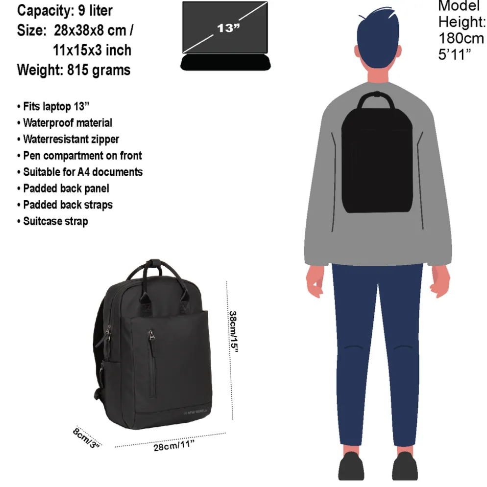 New Rebels Harper Miami Rugzak 9L Waterafstotende Laptop Rugtas 13 inch Schooltas en Werktas van PU Comfortabel Zwart