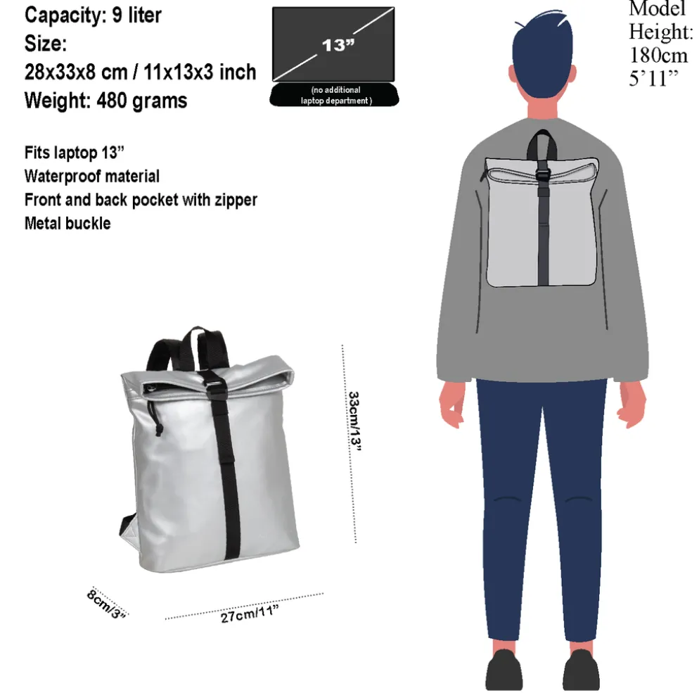 New Rebels Mart Los Angeles Metallic Zilver 7L Rolltop Rugzak Waterafstotend
