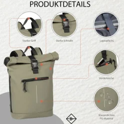 New Rebels Mart New York Taupe 21L Rugtas Rolltop Waterafstotend Laptop 15.6