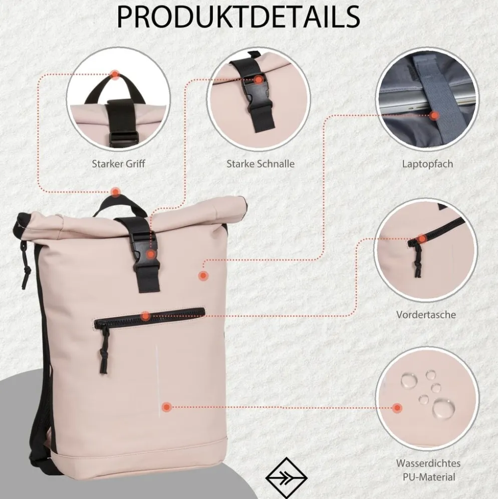 New Rebels Mart New York Oudroze 21L Rugtas Rolltop Waterafstotend Laptop 15.6"