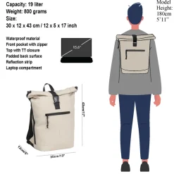 New Rebels Mart New York Beige 21L Rugtas Rolltop Waterafstotend Laptop 15.6