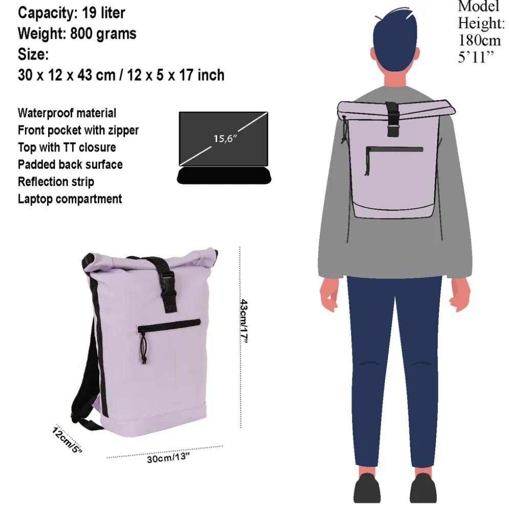 New Rebels Mart New York Lila 21L Rugtas Rolltop Waterafstotend Laptop 15.6"
