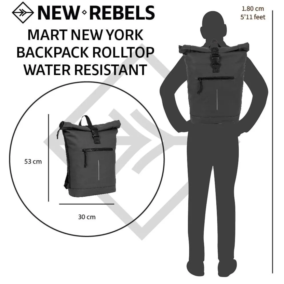 New Rebels Mart New York Zwart 21L Rugzak Rolltop Waterafstotend Laptop 15.6"