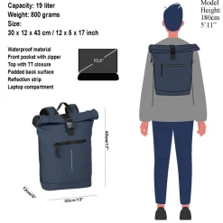 New Rebels Mart New York Navy 21L Rugtas Rolltop Waterafstotend Laptop 15.6