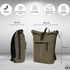 New Rebels Mart New York Olijf Groen 21L Rugtas Rolltop Waterafstotend Laptop 15.6