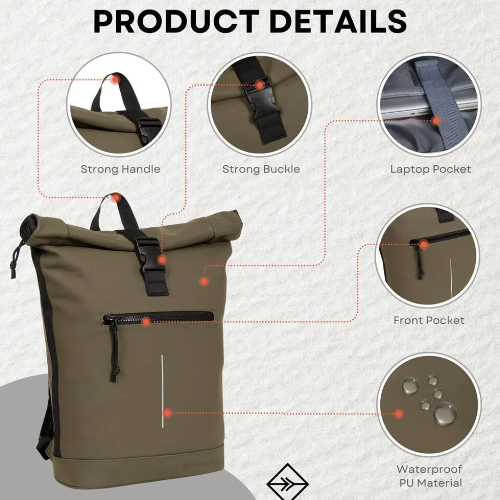 New Rebels Mart New York Olijf Groen 21L Rugtas Rolltop Waterafstotend Laptop 15.6"