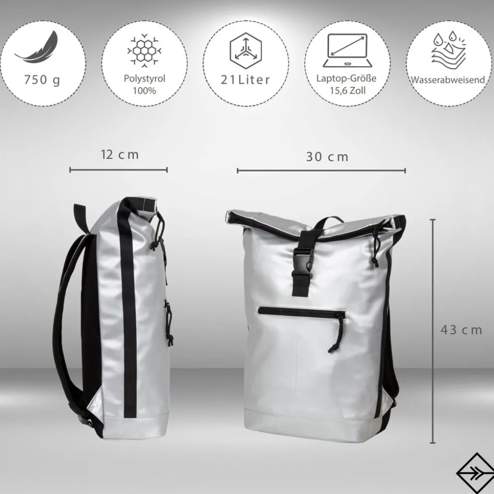 New Rebels Mart New York Metallic Zilver 21L Rugtas Rolltop Waterafstotend Laptop 15.6"