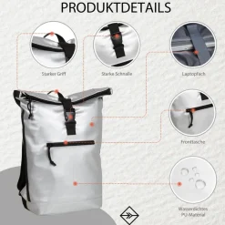 New Rebels Mart New York Metallic Zilver 21L Rugtas Rolltop Waterafstotend Laptop 15.6
