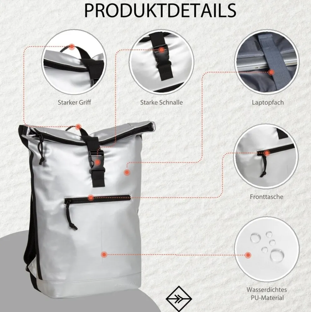New Rebels Mart New York Metallic Zilver 21L Rugtas Rolltop Waterafstotend Laptop 15.6"