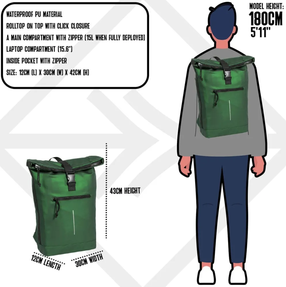 New Rebels Mart New York Metallic Groen 21L Rugtas Rolltop Waterafstotend Laptop 15.6"