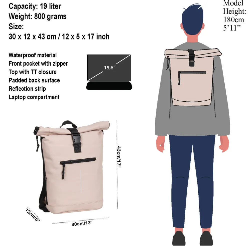New Rebels Mart New York Zacht Roze 21L Rugtas Rolltop Waterafstotend Laptop 15.6"