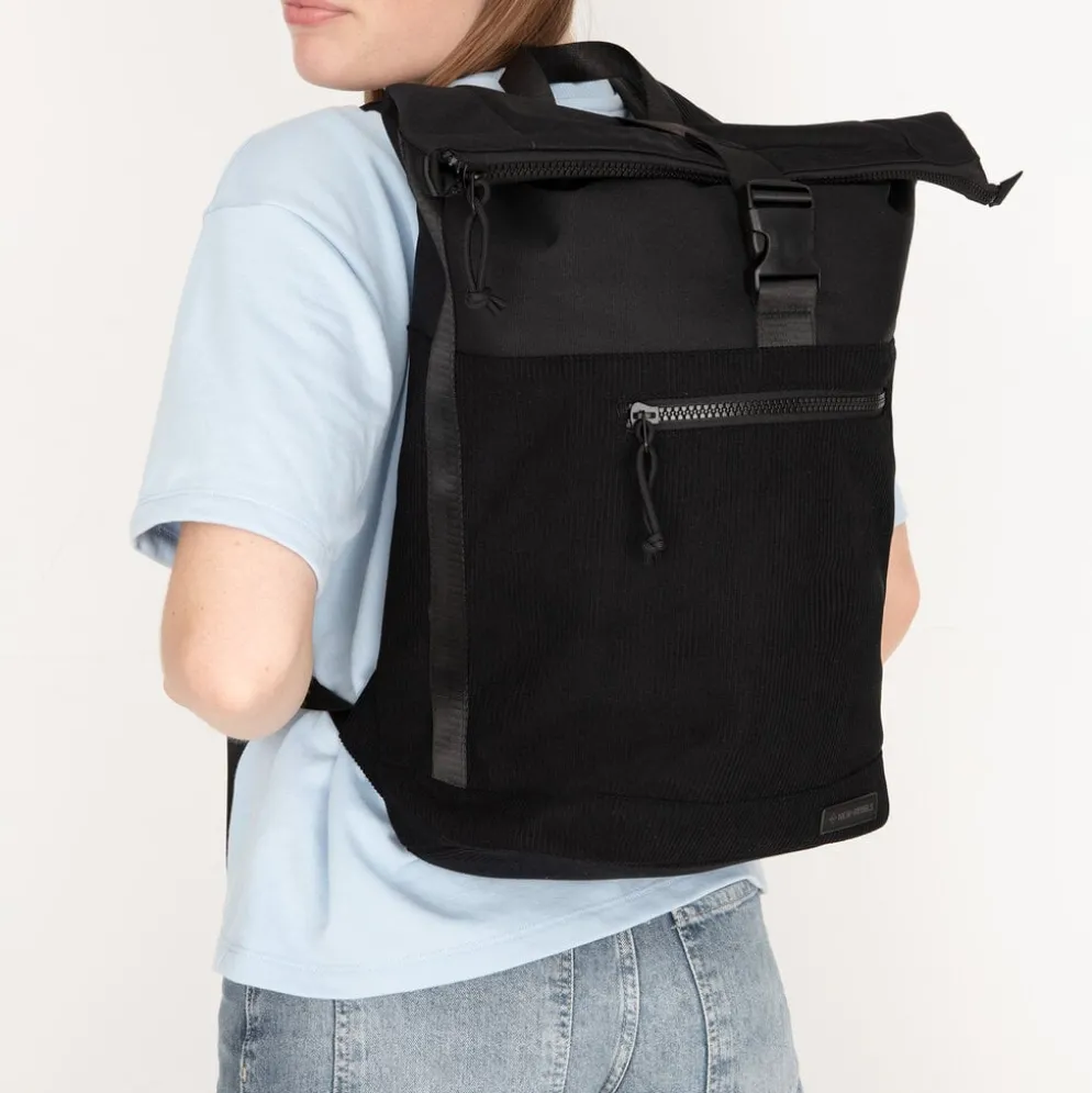 New Rebels New York Ribbi Rolltop Rugzak 17-21L Schooltas & Werktas Ribstof Laptop Rugtas 15.6 inch Zwart
