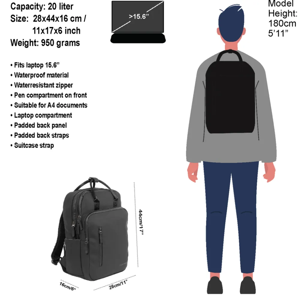 New Rebels William Milwaukee Zwart 18L Rugzak Waterafstotend Laptop 15.6"